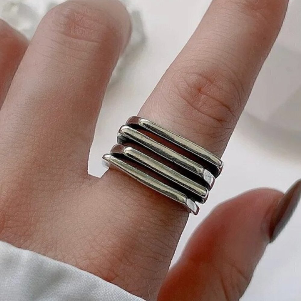 Silver Tone Wrapped Square Front Layered Adjustable Boho Ring #1233